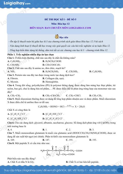 Đề thi học kì 1 Hóa 12 Cánh diều - Đề số 5